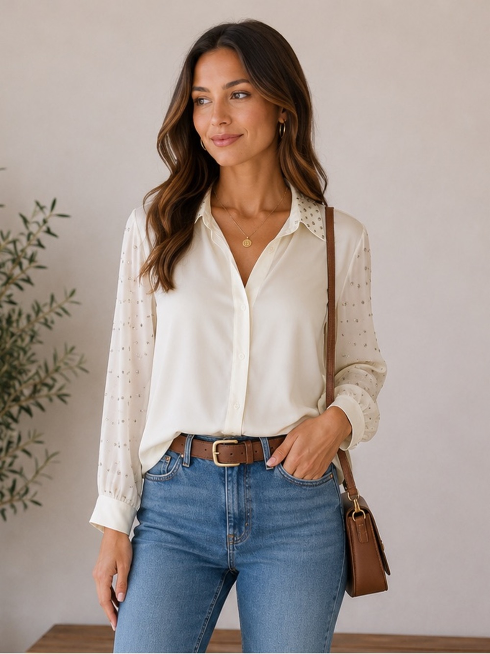 Women’s blouse, long sleeve sheer with gold embellishments
